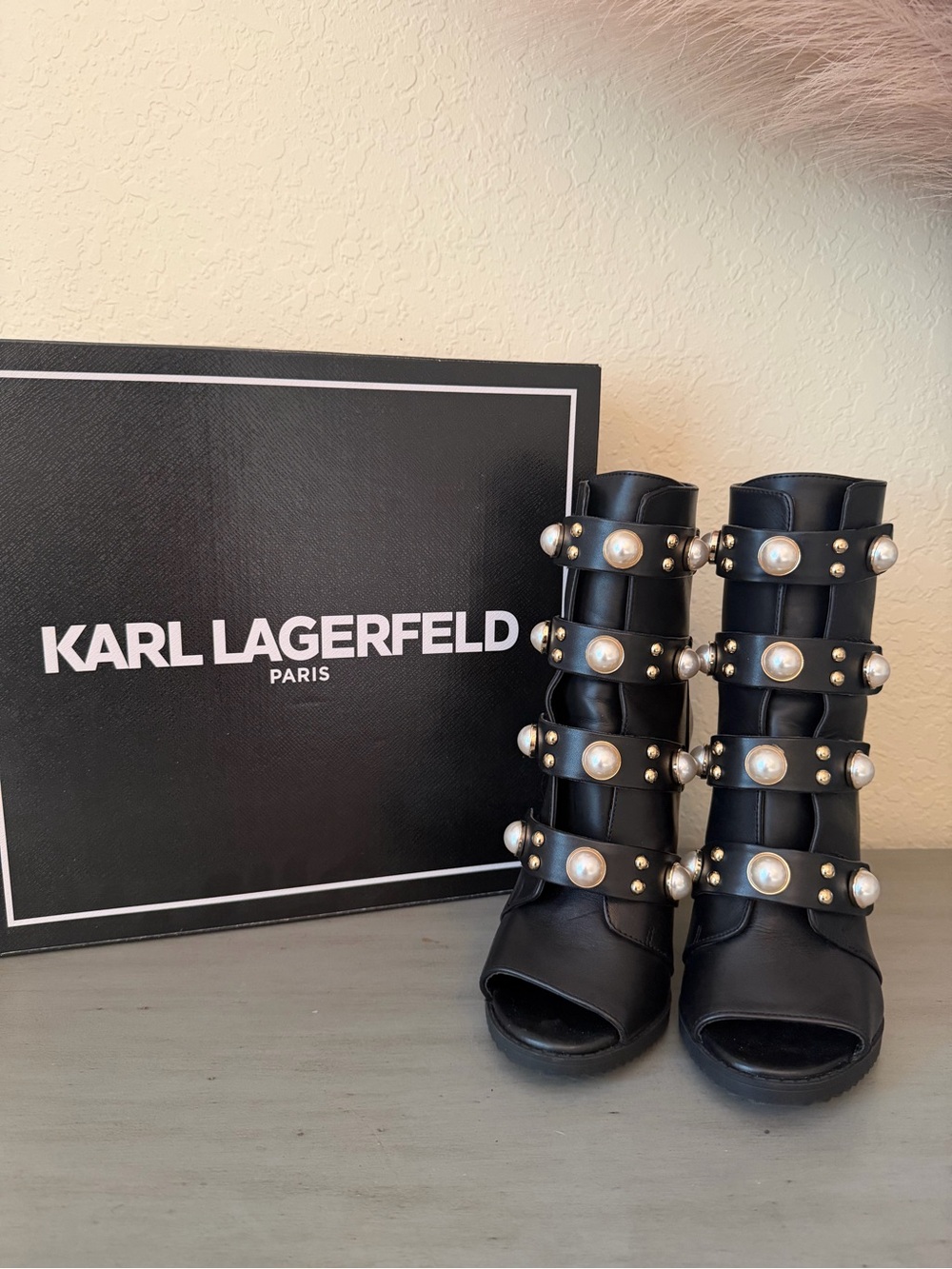 Karl Lagerfeld Paris Brayden Black Leather Pearl Embellished Booties